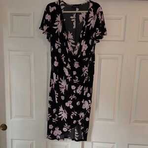 Floral Black and Pink Women's Faux Wrap Dress